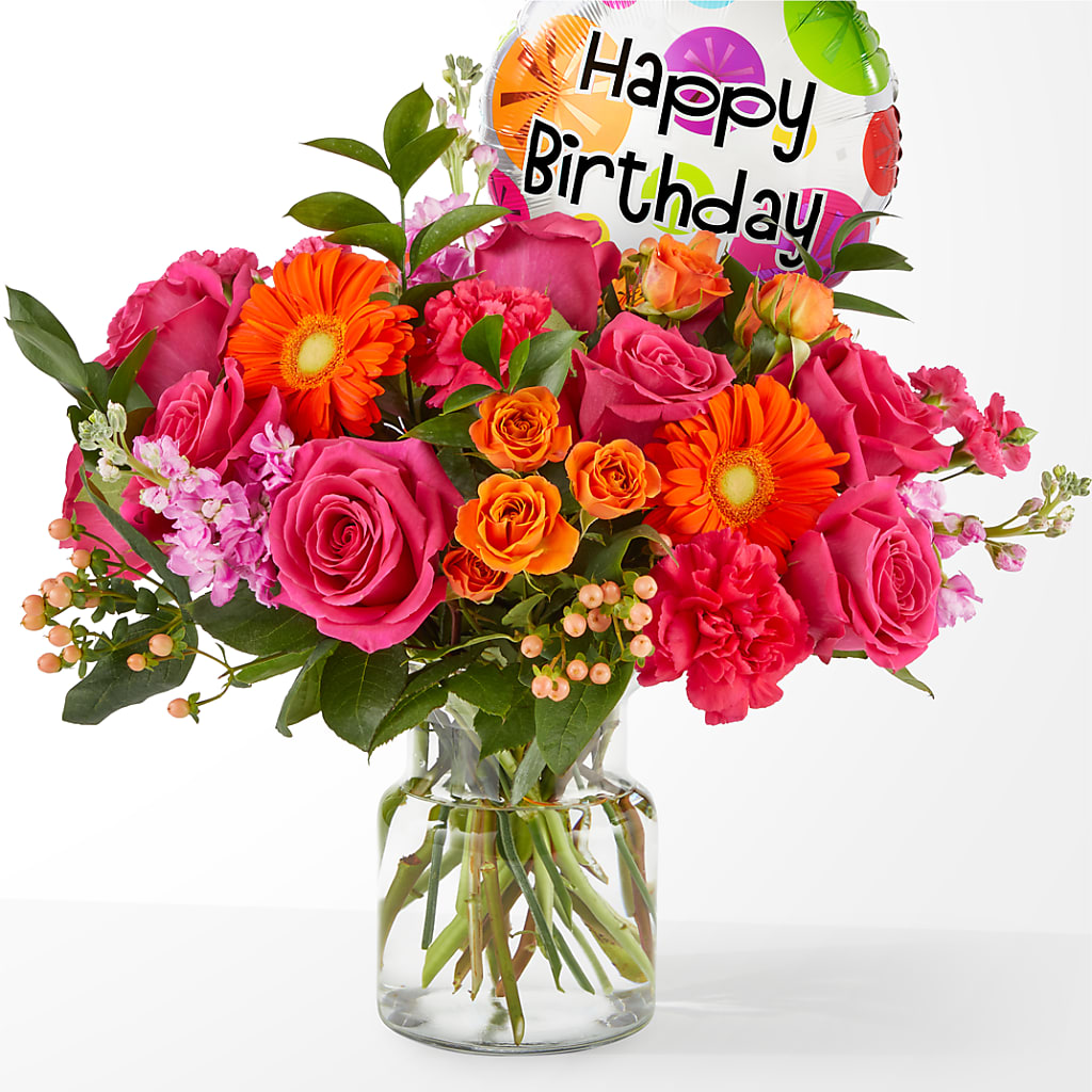 Fiesta Bouquet with Birthday Balloon – Gainesville Floral Exchange, Gainesville FL