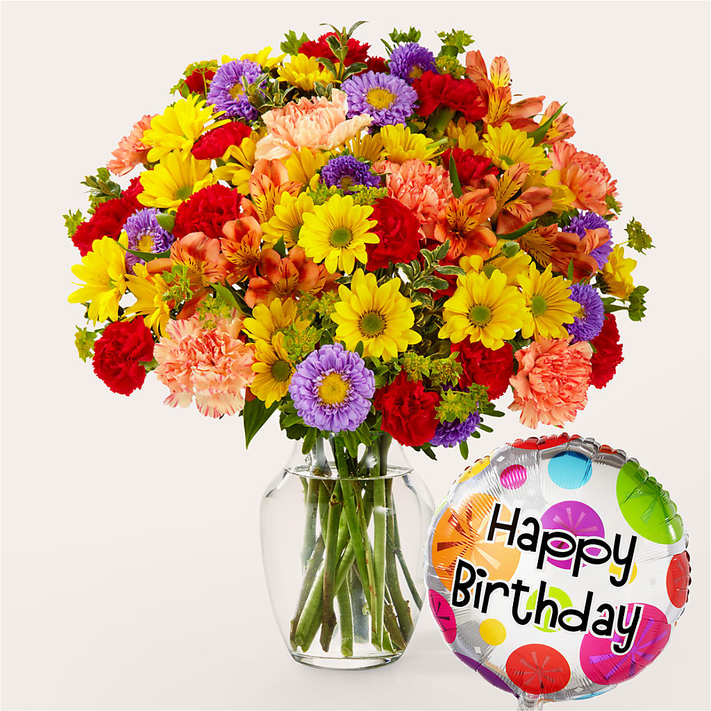 Kaleidoscope Bouquet with Birthday Balloon – Gainesville Floral Exchange, Gainesville FL