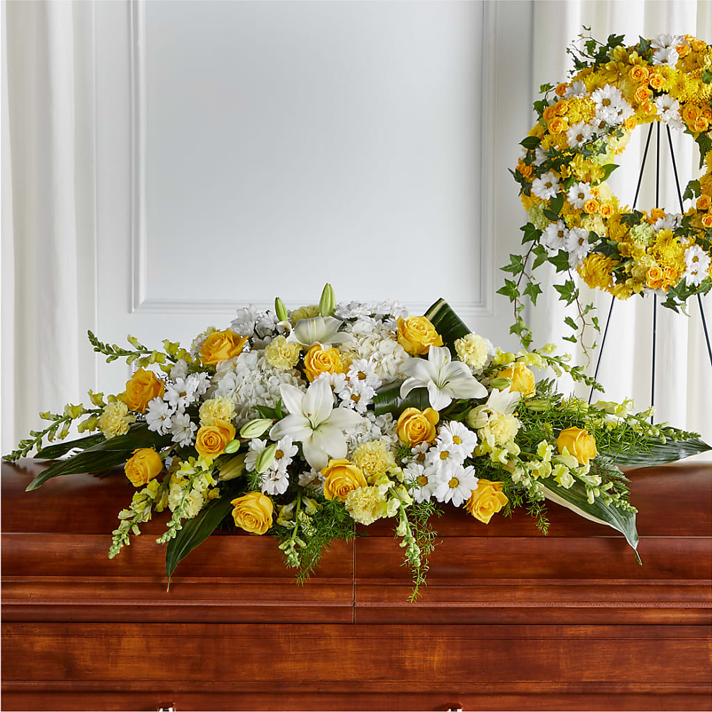 Golden Harmony Casket Spray – Gainesville Floral Exchange, Gainesville FL