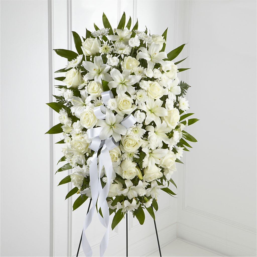 Exquisite Tribute Standing Spray-White Ribbon – Gainesville Floral Exchange, Gainesville FL