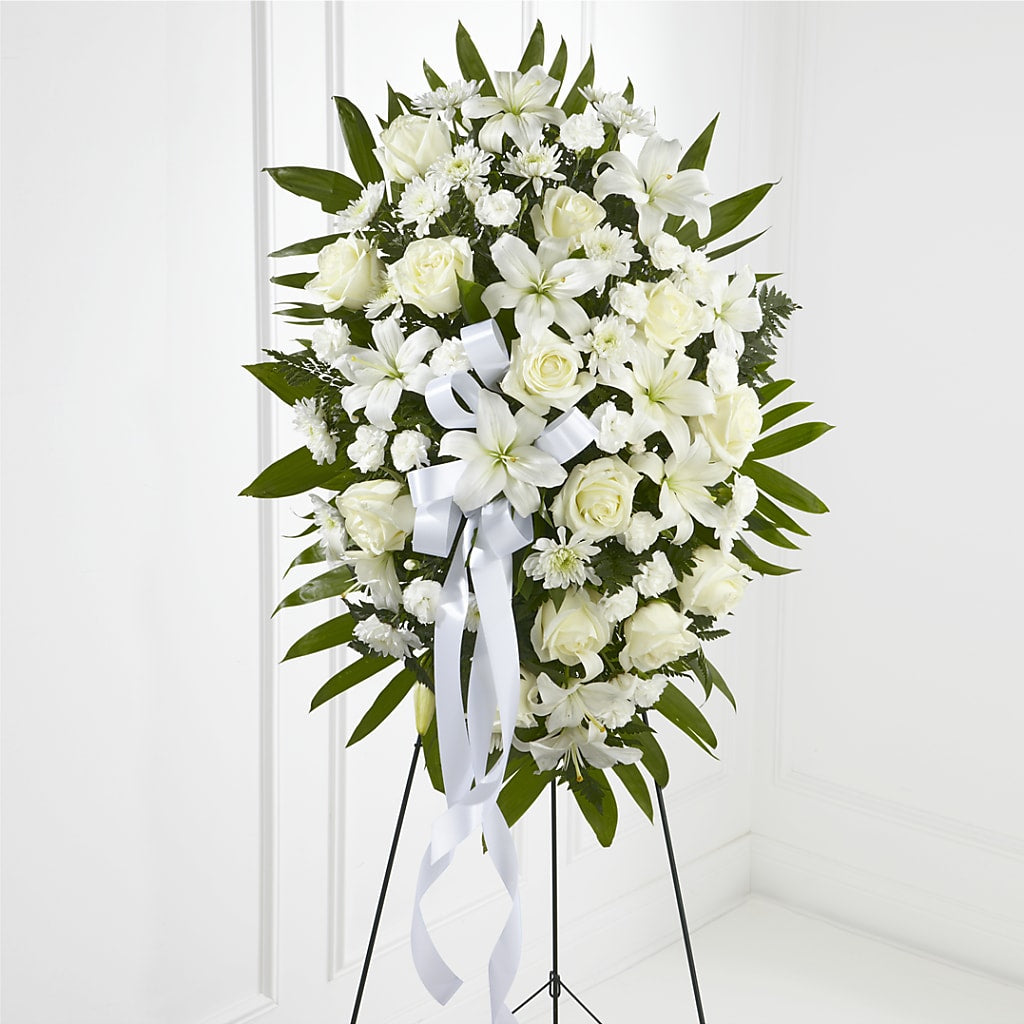Exquisite Tribute Standing Spray-White Ribbon – Gainesville Floral Exchange, Gainesville FL